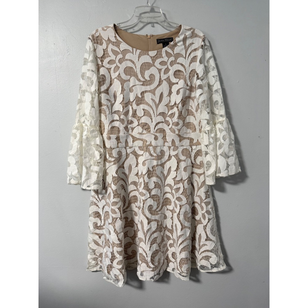 Jessica Howard White Lace Bell Sleeve Fit & Flare Dress Tan Lining Size 16